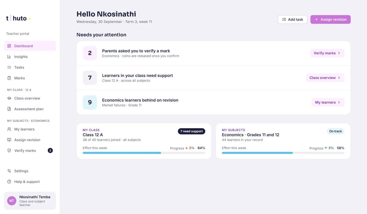 Thuto for Teachers dashboard