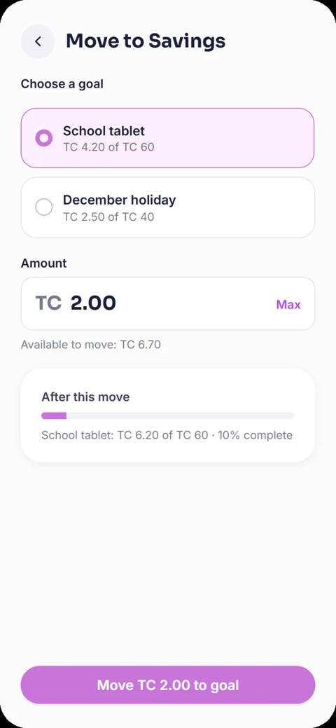 Move coins to a savings goal