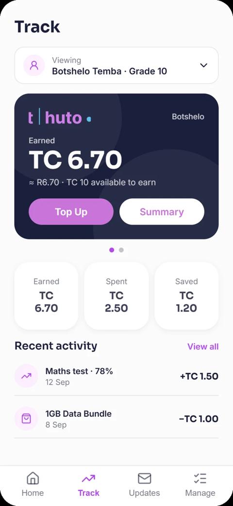 Track screen with earned, spent and saved